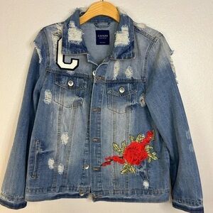 Blue Denim Jacket with Red Floral Design
